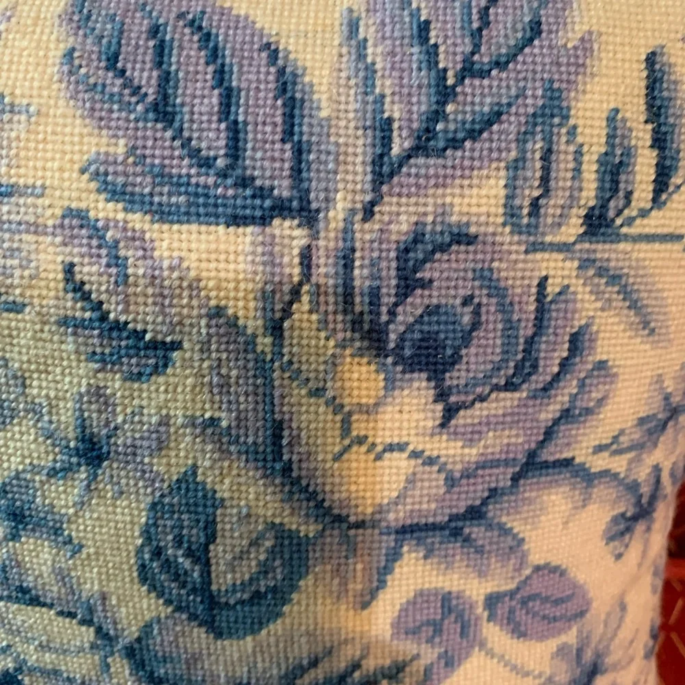 Vintage Needlepoint Floral Blue and White Decorative Pillow
